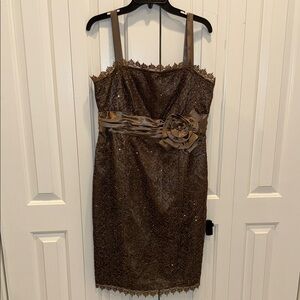 R&M Richards Brown Sequin Midi Dress with Sash and Floral Accent